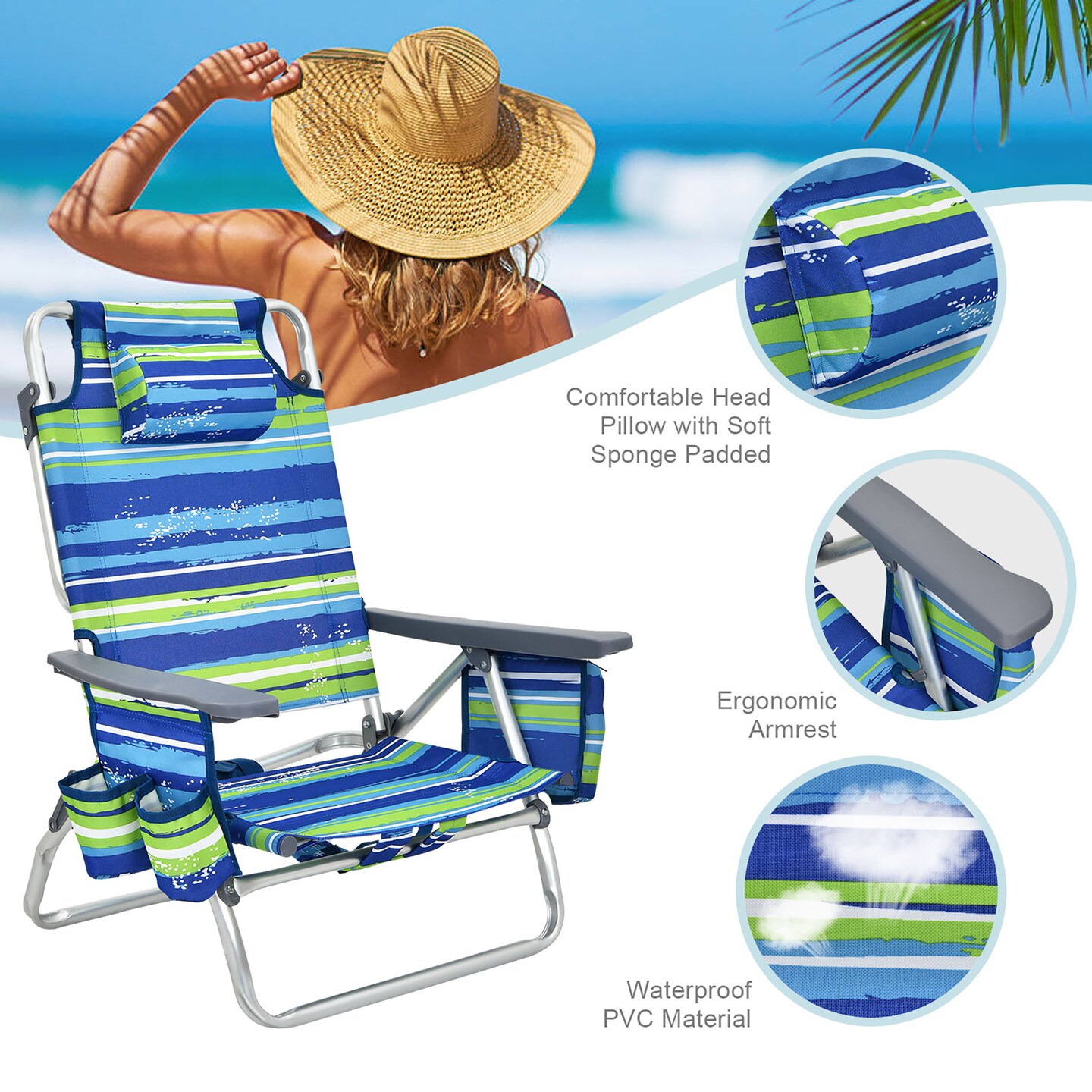 2-Pack Folding Backpack Beach Chair 5-Position Outdoor Reclining Chairs with Pillow Blue/Pattern/Pink/Yellow/Dark Pink/Dark Green/Dark Blue