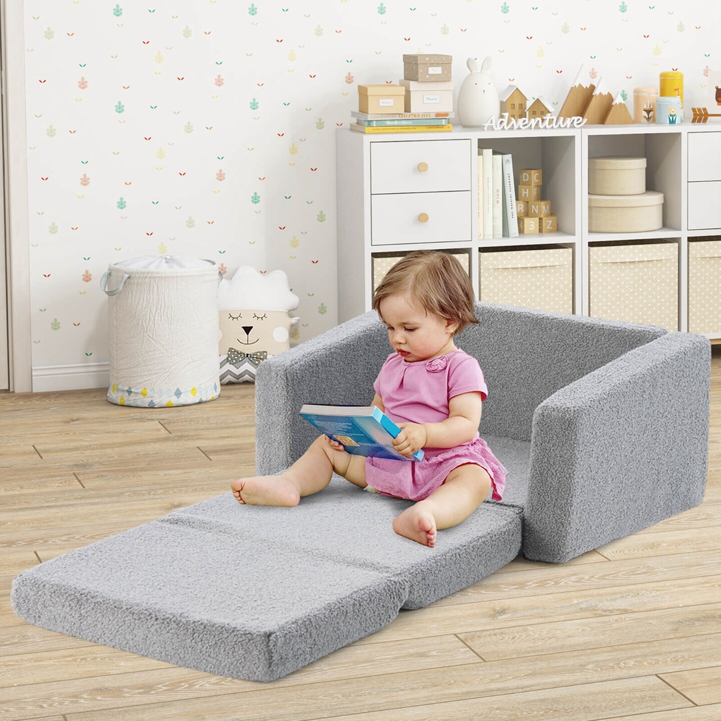Honeyjoy 2-in-1 Toddler Fold out Couch Children&#x2019;s Convertible Sofa to Lounger Grey