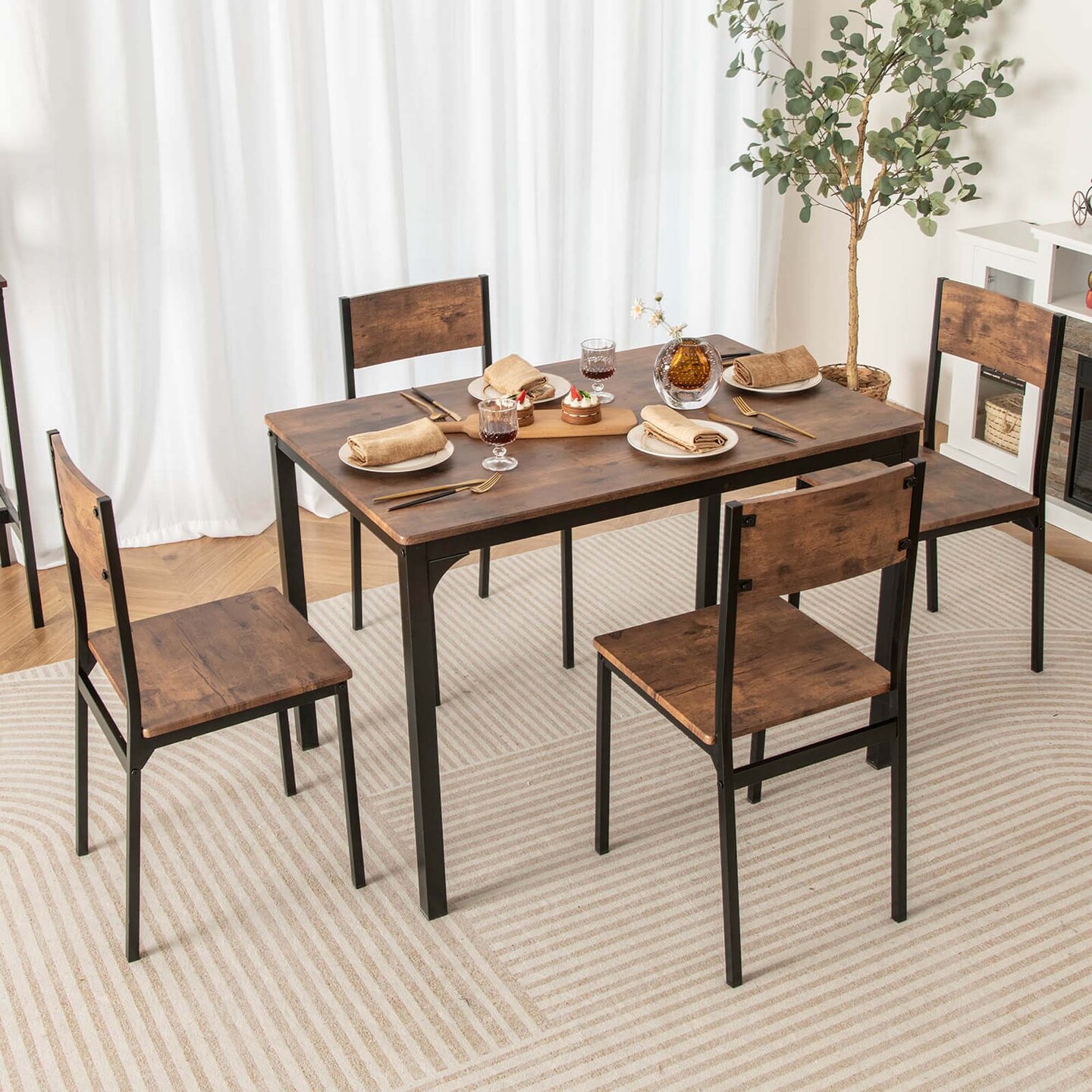 Costway 5 Piece Dining Table Set Industrial Style Kitchen Table & Chairs for 4 Brown