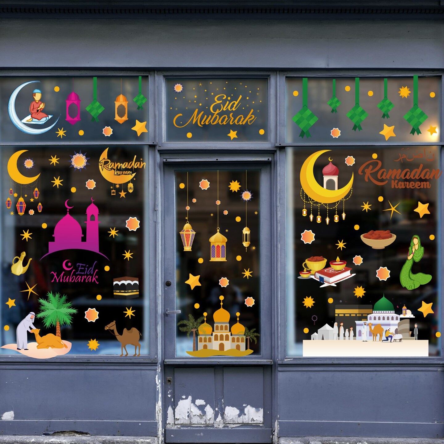 Eid Mubarak Window Stickers Party Supplies Decorations Muslim Happiness Ramadan Eid Al-fitr Window Decor for Home Window Stickers