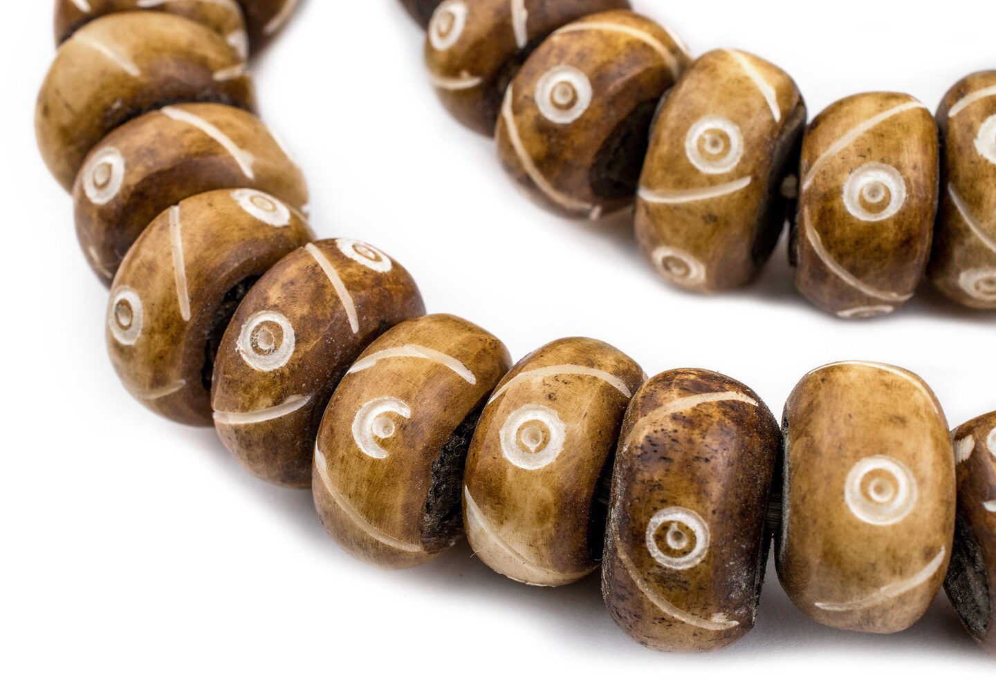 Carved Brown Bone Beads - Full Strand of Fair Trade Artisanal African Beads - The Bead Chest (Criss Cross Eye)
