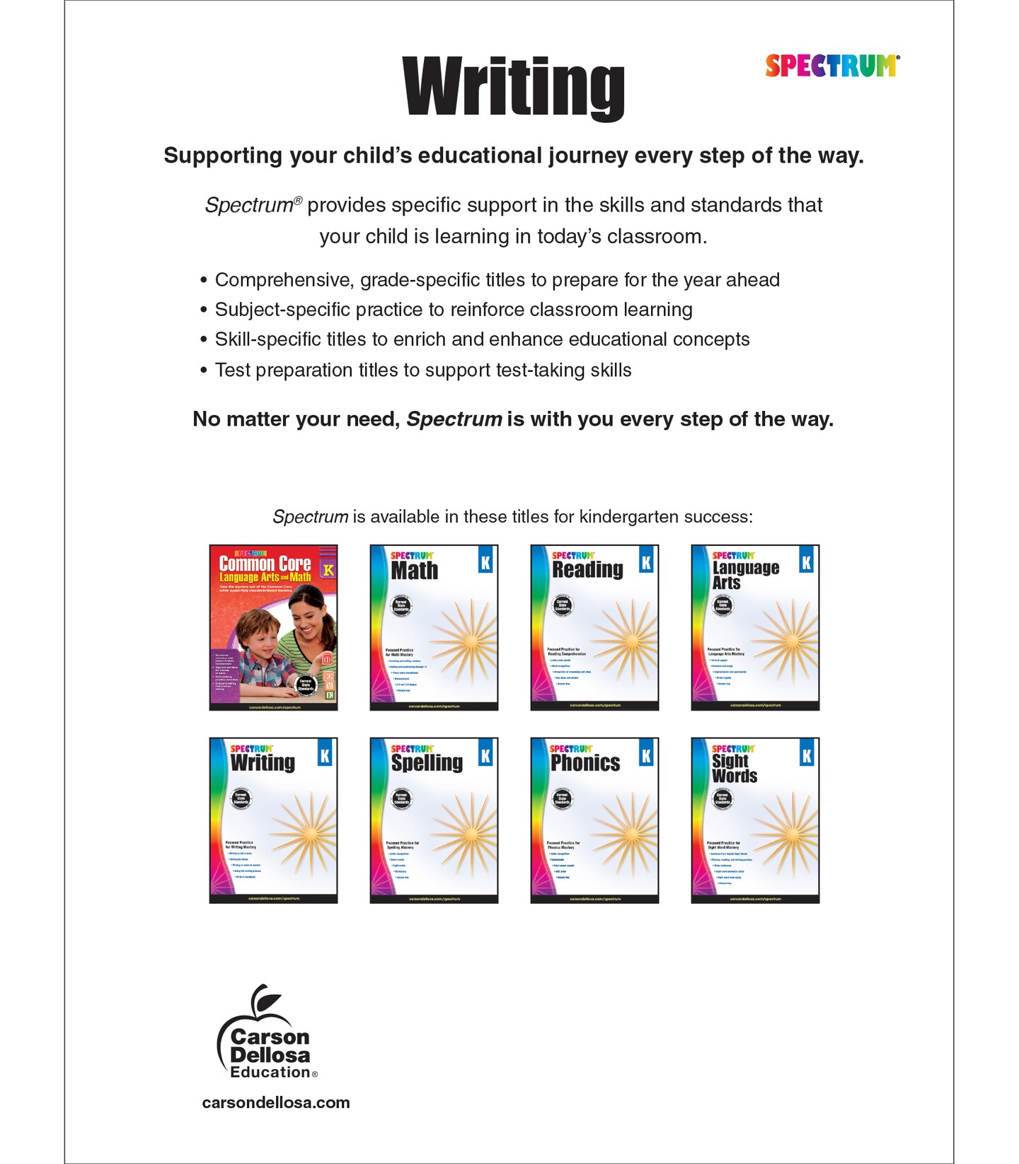 Spectrum Kindergarten Writing Workbook, Ages 5 to 6, Grade K Writing Workbook, Writing Practice with Alphabet Letters, Sight Words, Reports, and Stories - 128 Pages