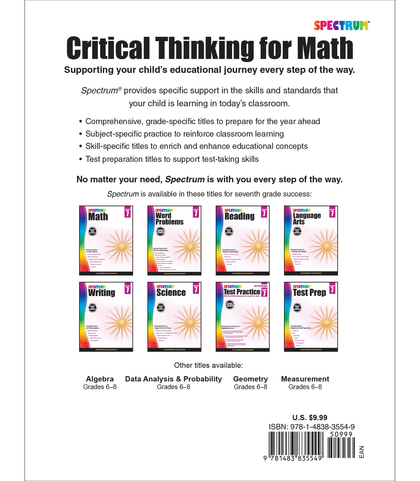 Spectrum Grade 7 Critical Thinking for Math Workbook, Mathematics Middle School Books Covering Algebra, Geometry, Ratio, Statistics, Integers, and More, Classroom or Homeschool Curriculum