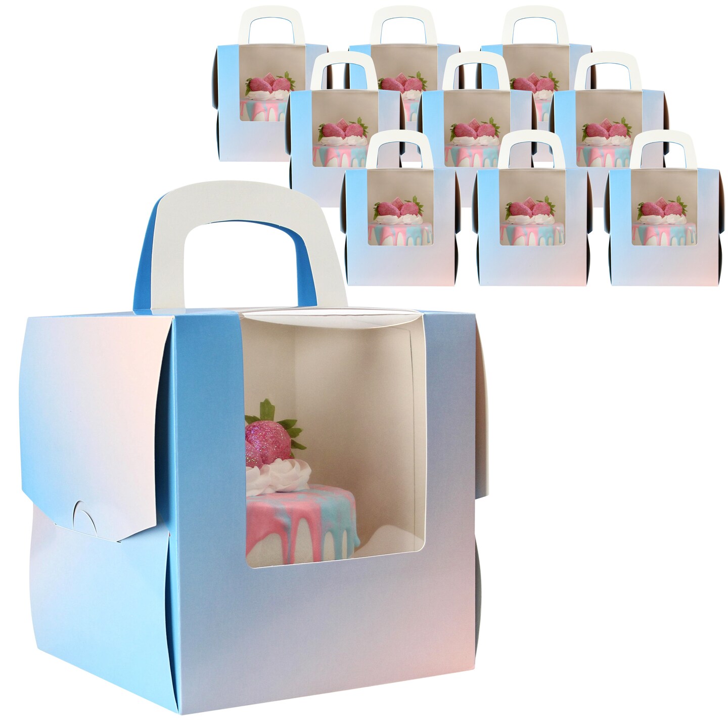 Spec101 Pink to Blue Cake Boxes with Windows - 6.5x6.5in Disposable Cookie Boxes