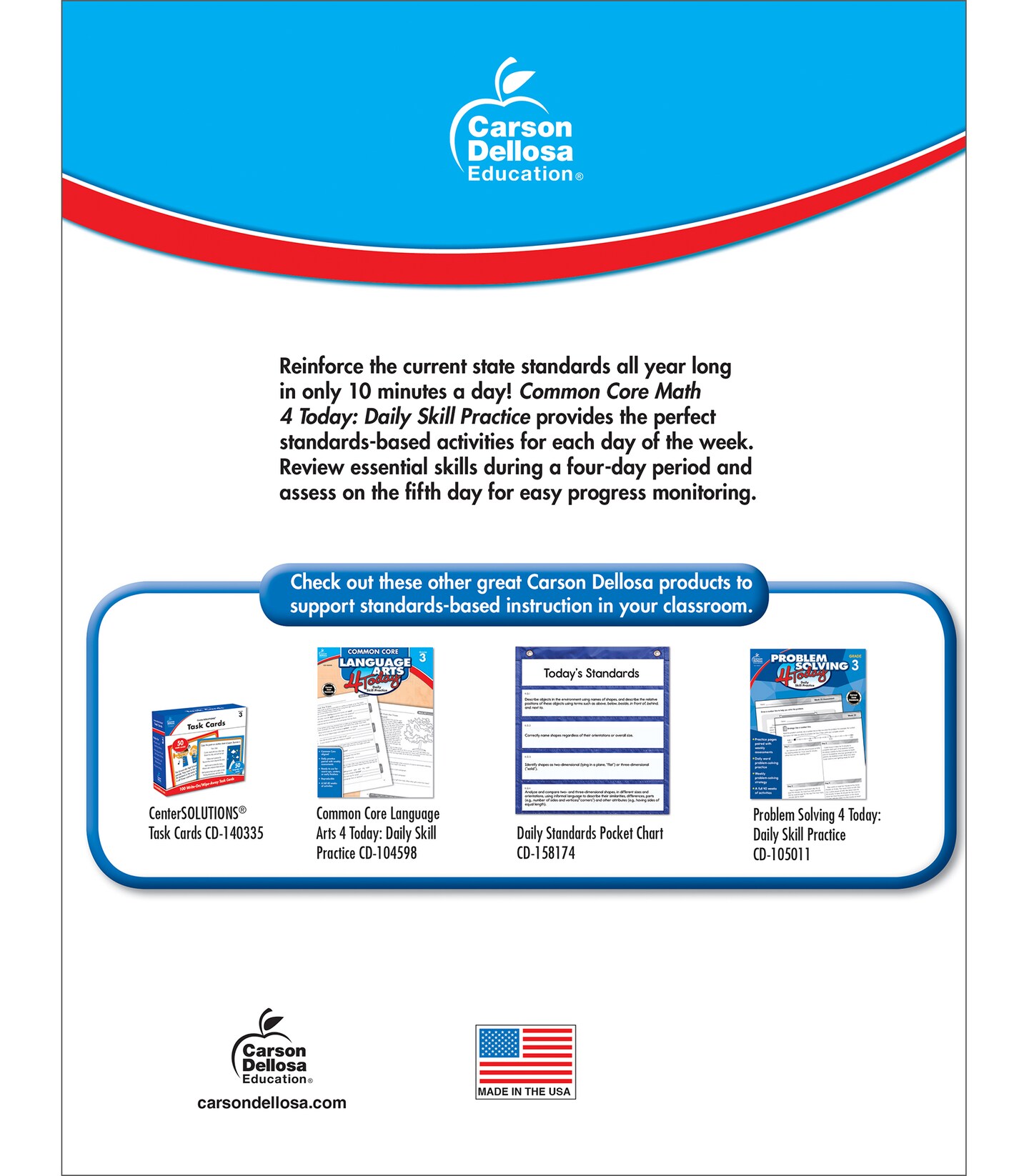 Carson Dellosa Common Core Math 4 Today 3rd Grade Workbooks, Telling Time, Fractions, Addition, Subtraction, Multiplication, Division, and More Mathematics Classroom or Homeschool Curriculum