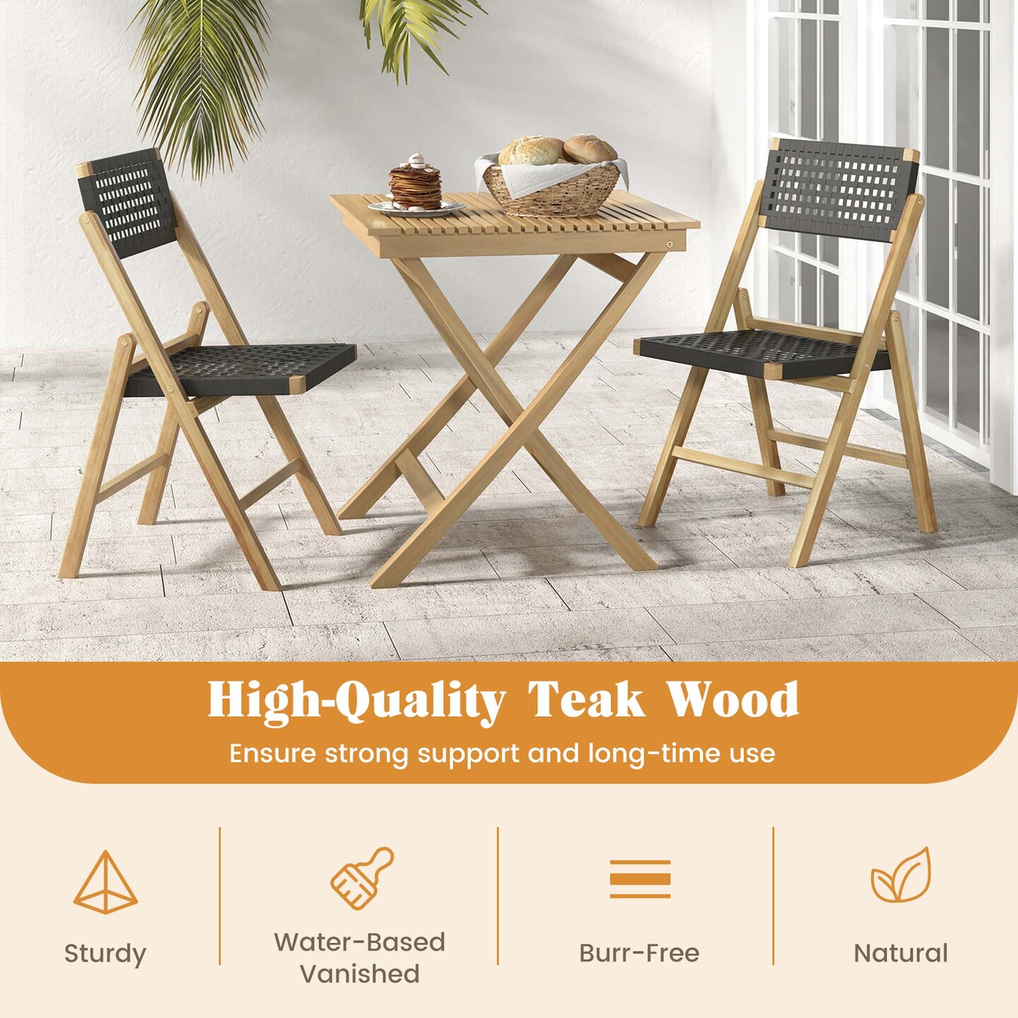 Costway 2/4 Piece Patio Folding Chairs with Woven Rope Seat & High Back Indonesia Teak Wood for Porch Natural&Black
