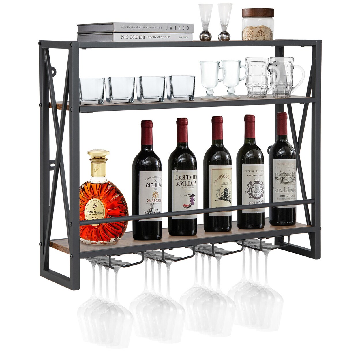 Gymax Wall Mounted Wine Rack Industrial 3 Tier Shelf with Glass Holders for Kitchen
