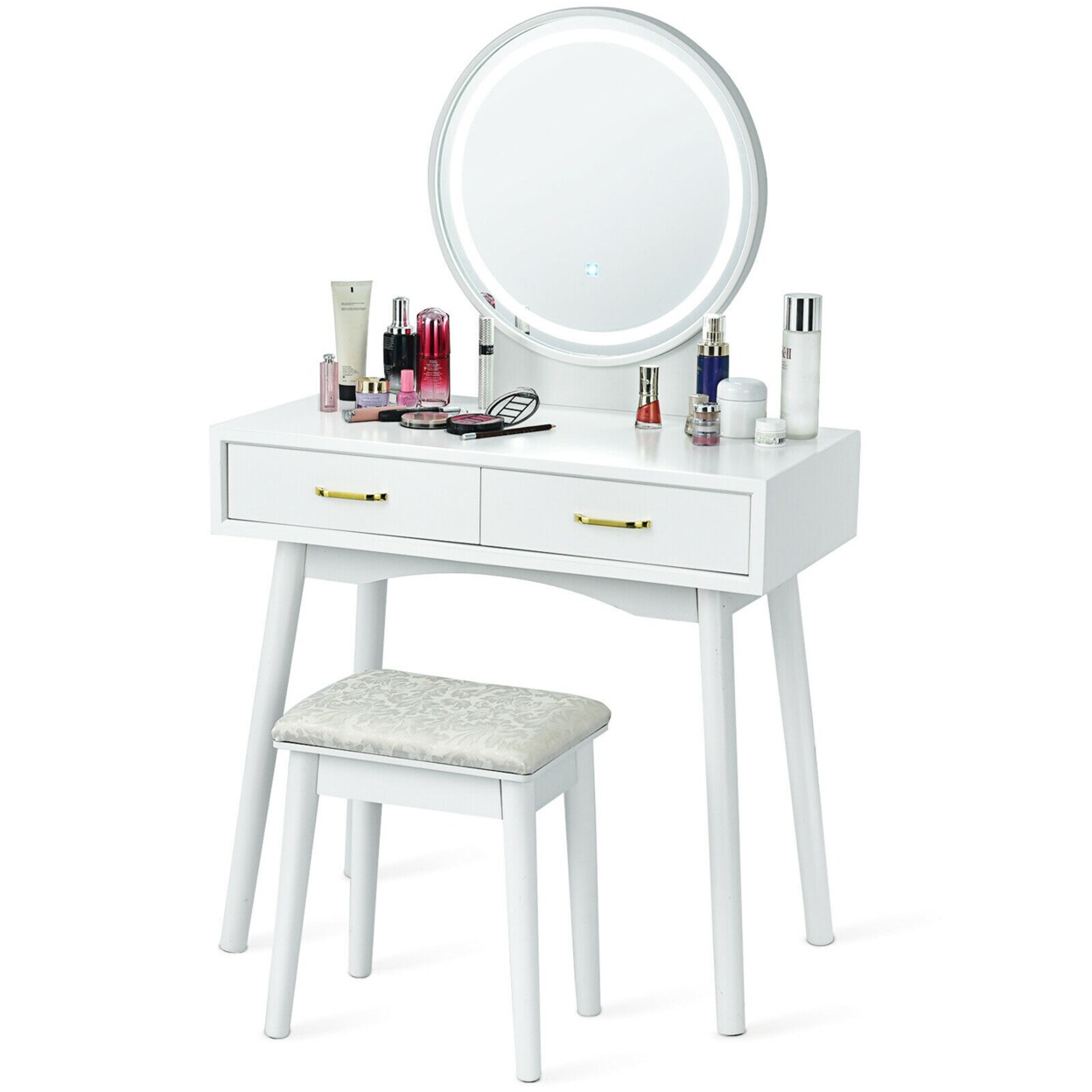 Gymax Vanity Dressing Table Set Touch Screen 3 Lighting Modes Mirror Padded Stool