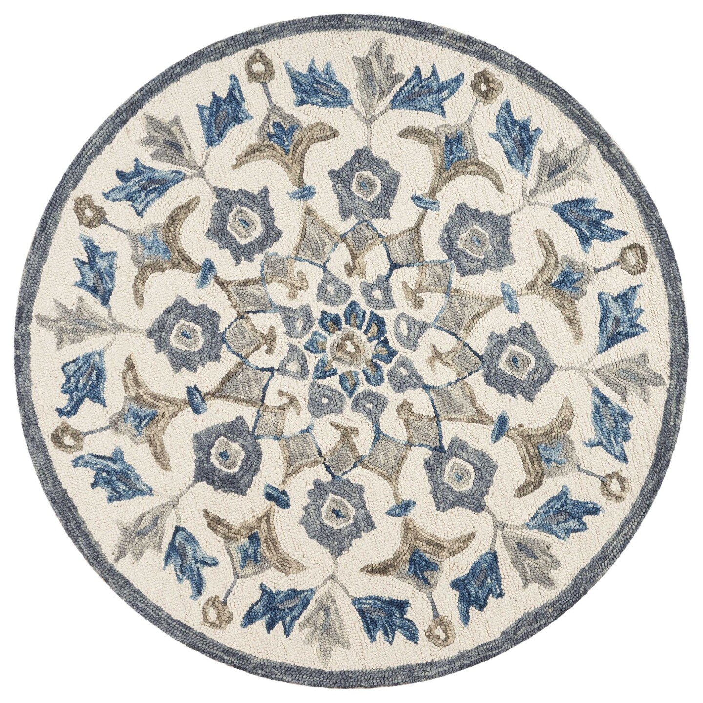 Laddha Home Designs 4&#x27; Blue and Ivory Hand Tufted Floral Round Wool Area Throw Rug