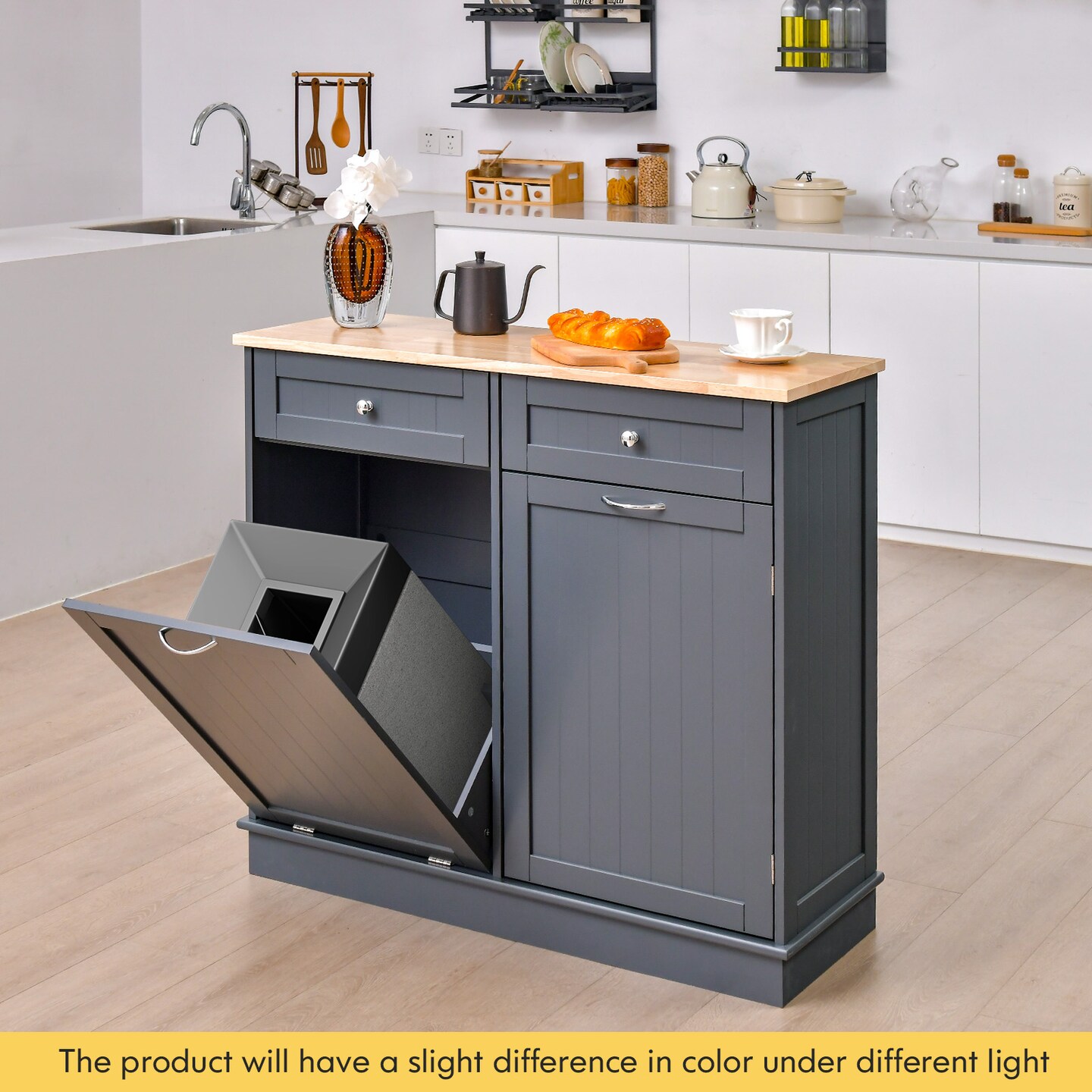 Rubber Wood Kitchen Trash Cabinet with Single Trash Can Holder and Adjustable Shelf
