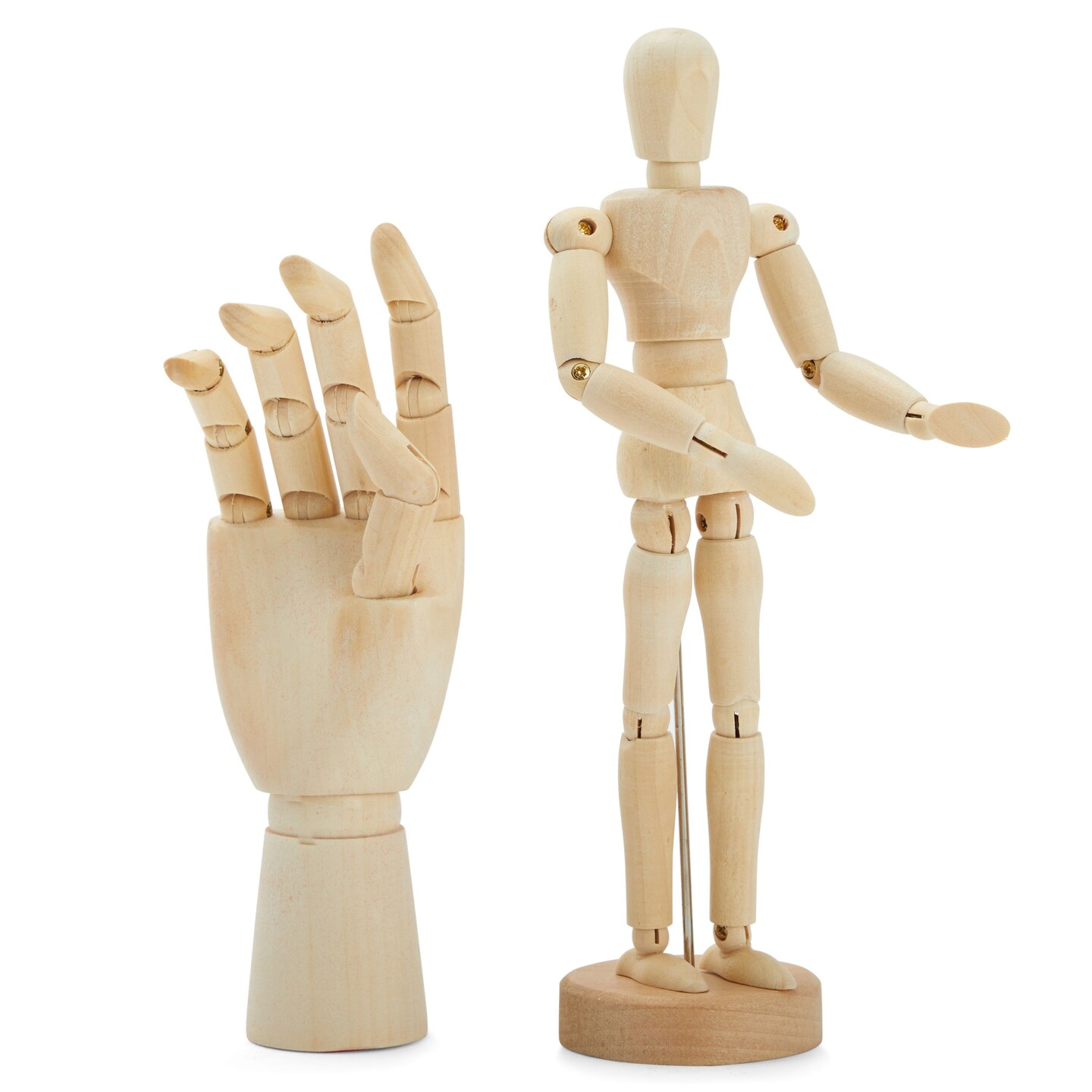 7&#x22; Wooden Hand Model and 8&#x22; Posable Wooden Mannequin Figure for Drawing, Adjustable Art Supplies (2-Piece)