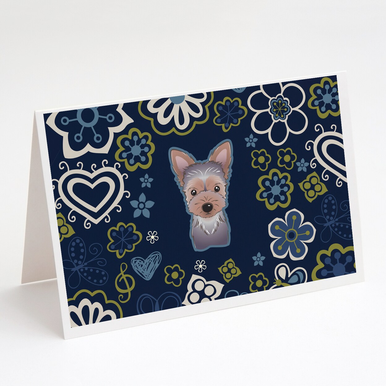 Caroline&#x27;s Treasures Blue Flowers Yorkie Puppy Greeting Cards and Envelopes Pack of 8