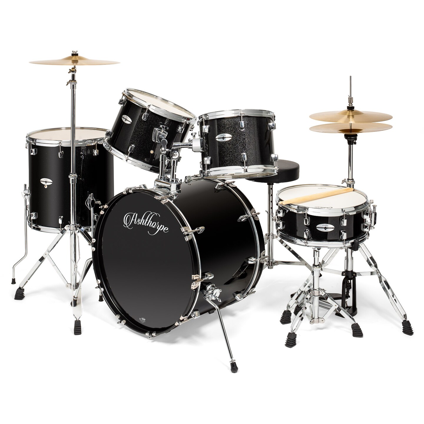 Ashthorpe 5-Piece Full Size Adult Drum Set with Remo Heads & Premium Brass Cymbals - Complete Professional Percussion Kit with Chrome Hardware