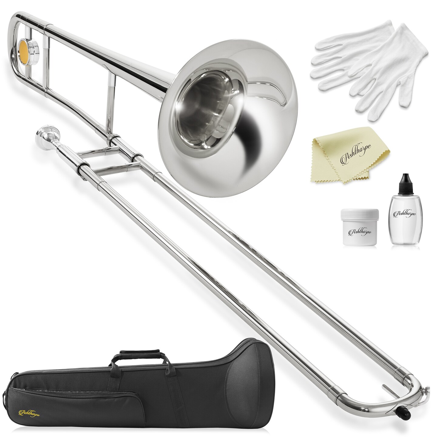 Ashthorpe Bb Tenor Slide Trombone - Includes Case, Mouthpiece, Gloves, Cleaning Cloth, Slide Grease