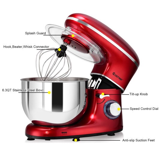 6 Speed 6.3 Qt Tilt-Head Stainless Steel Electric Food Stand Mixer-Red