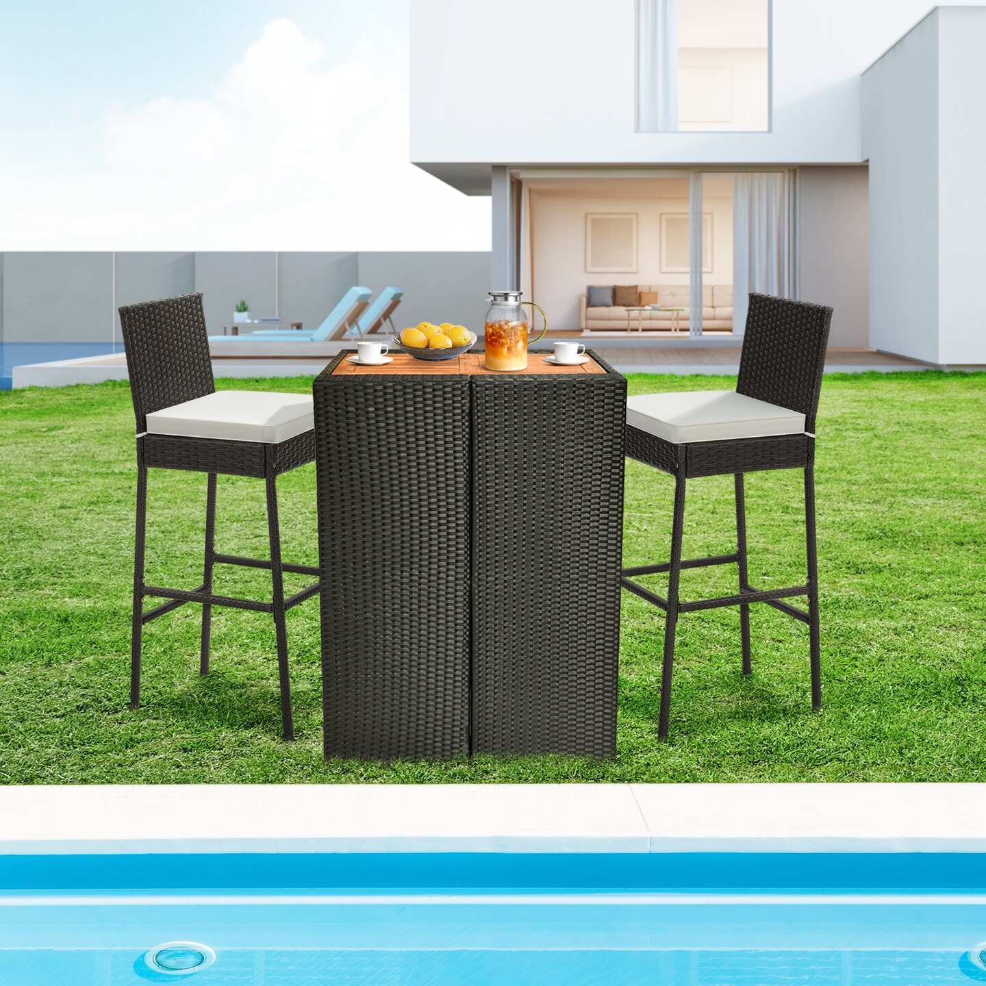 Costway Patio Wicker Barstools Bar Height Chairs W/ Cushions Backyard Off White