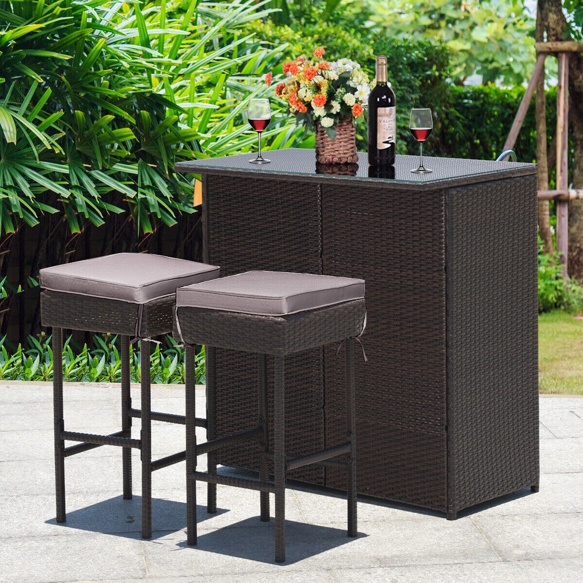 3-piece Rattan Wicker Bar Table Stools Dining Set Cushioned Chairs