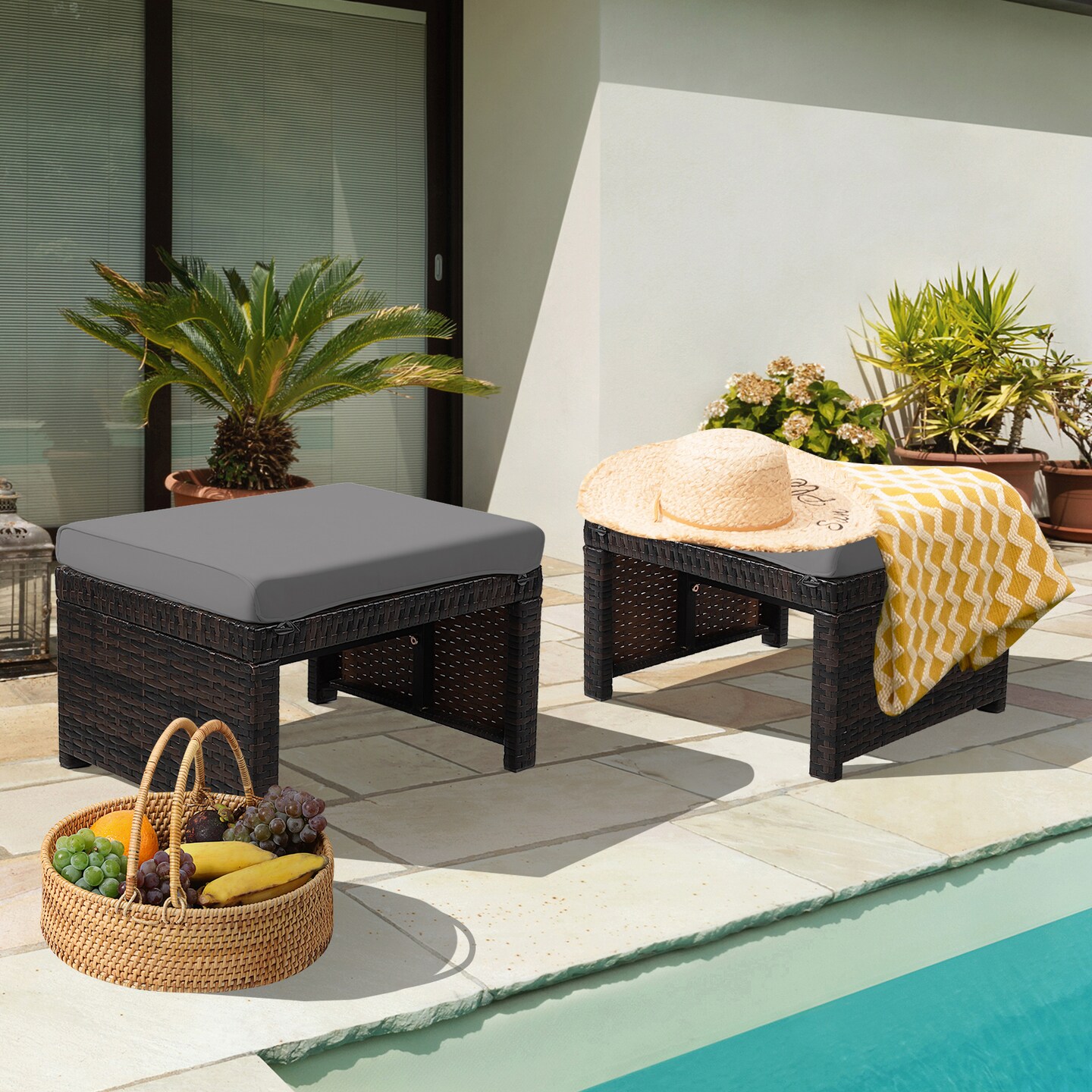 2 Pieces Patio Rattan Ottomans With Soft Cushion For Patio and Garden