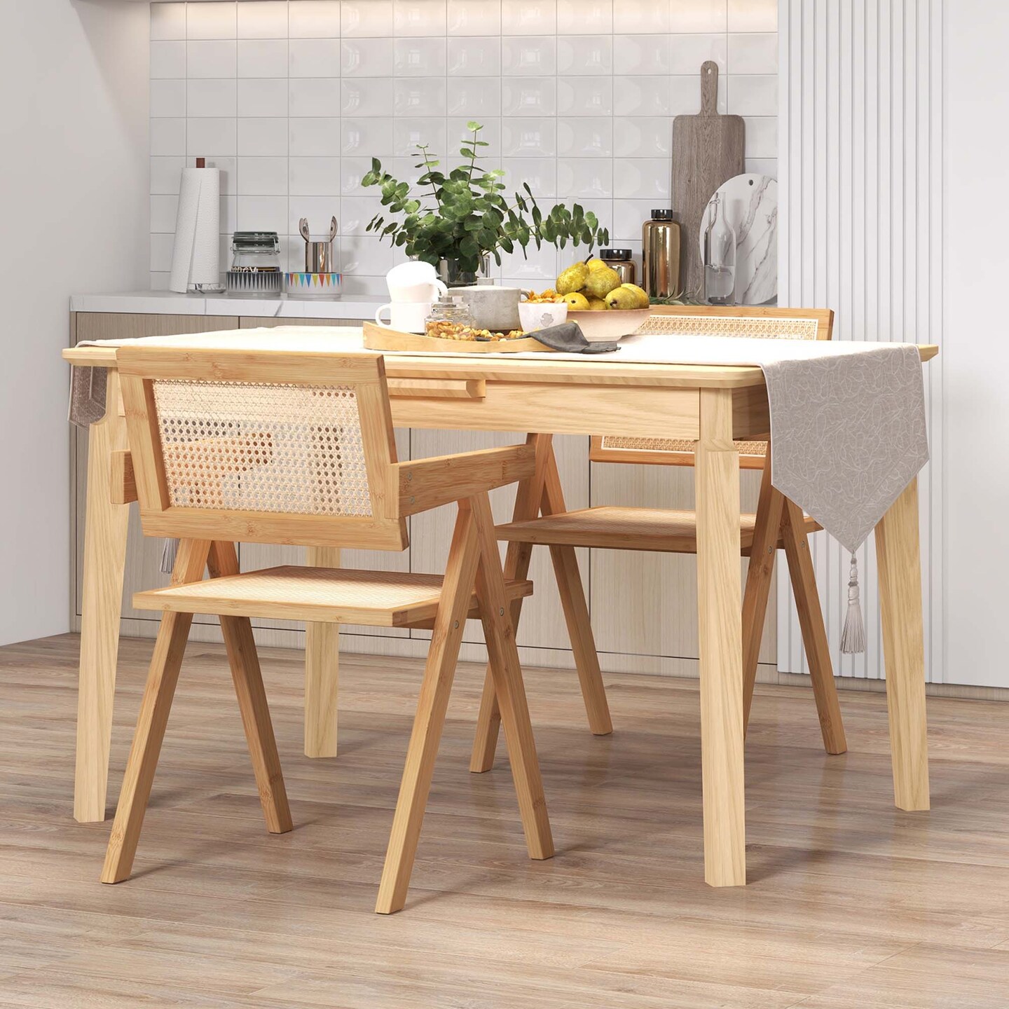 Costway Set of 2 Rattan Accent Chairs Mid Century Dining Armchair Bamboo Frame Kitchen Natural