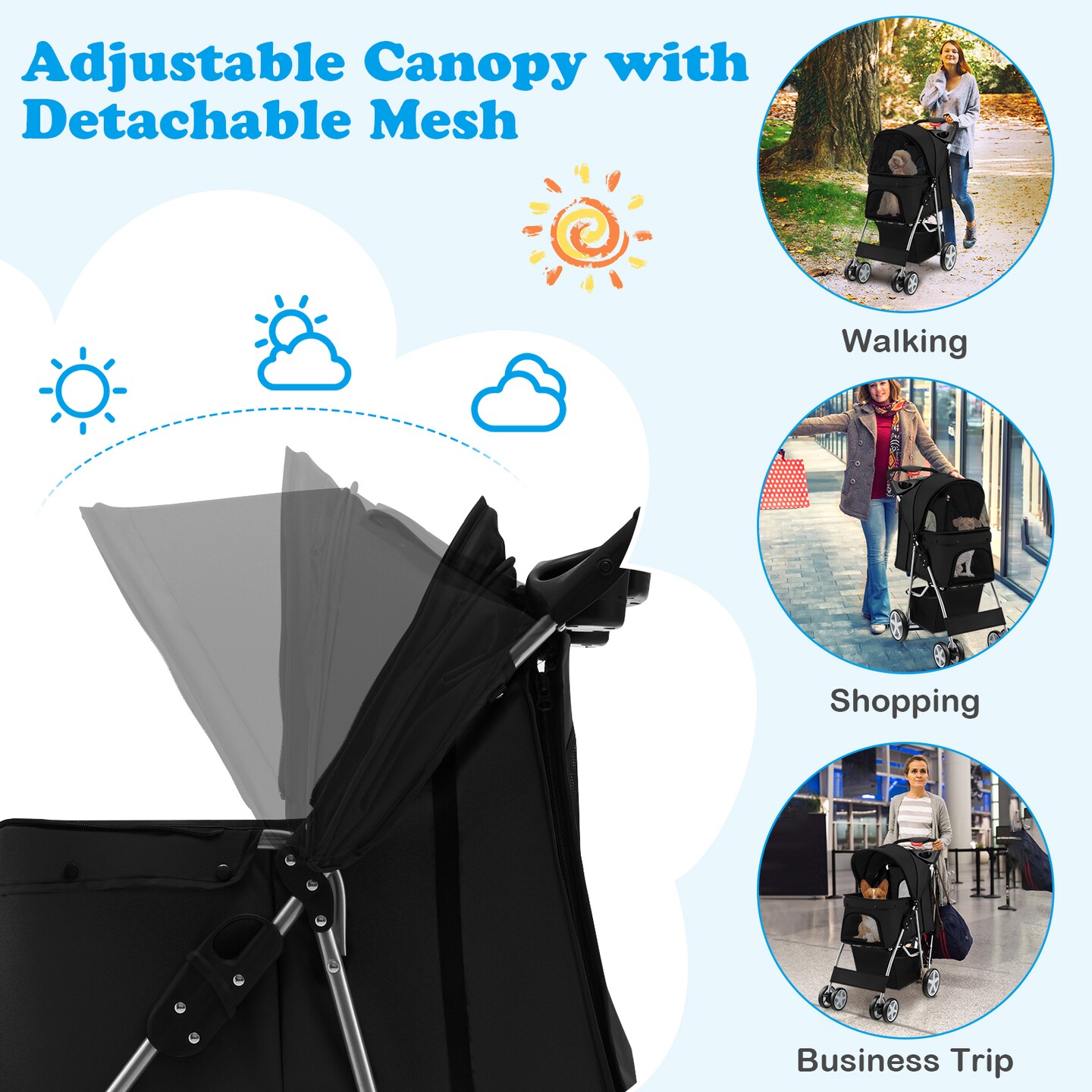 Folding Pet Stroller with Storage Basket and Adjustable Canopy