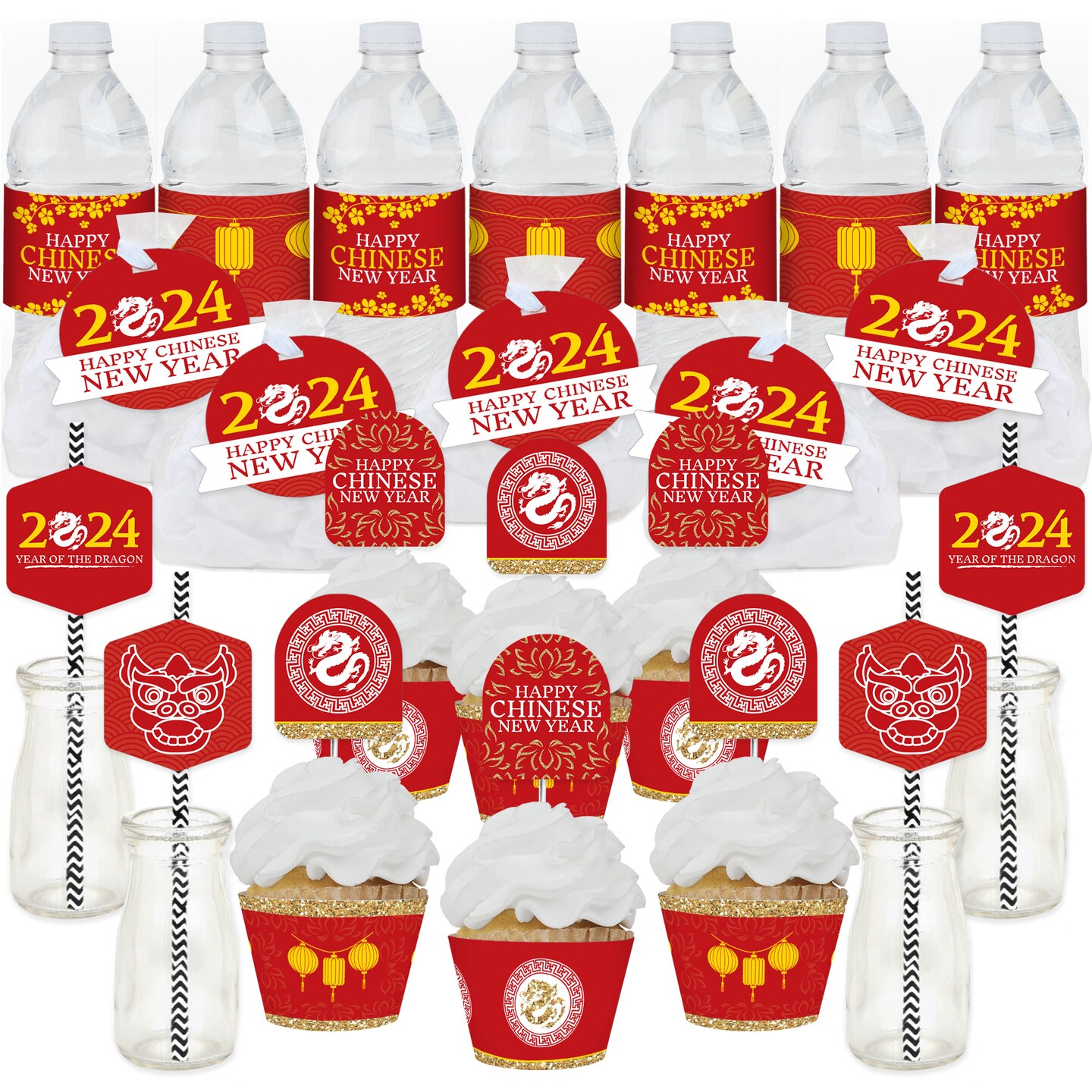 Big Dot of Happiness 2024 Year of the Dragon - Lunar New Year Favors and Cupcake Kit - Fabulous Favor Party Pack - 100 Pieces