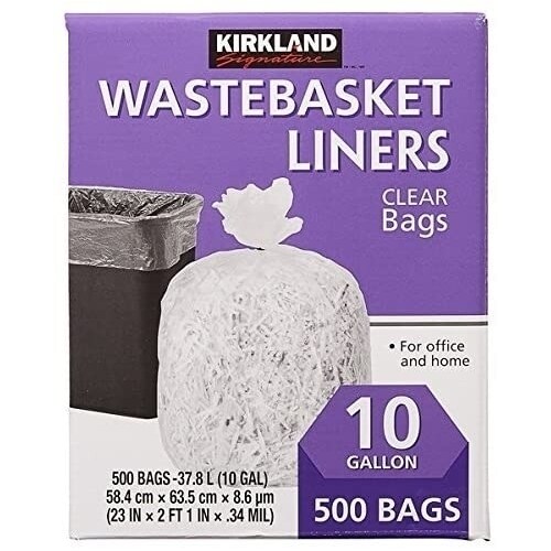 Kirkland Signature 10 Gallon Wastebasket Liners, 500 Bags, Clear
