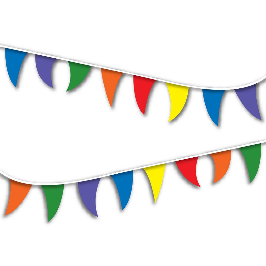 COSCO Flag Pennant Banner, Prestrung, 12" wide x 18" assorted color pennant flags, 30' Banner