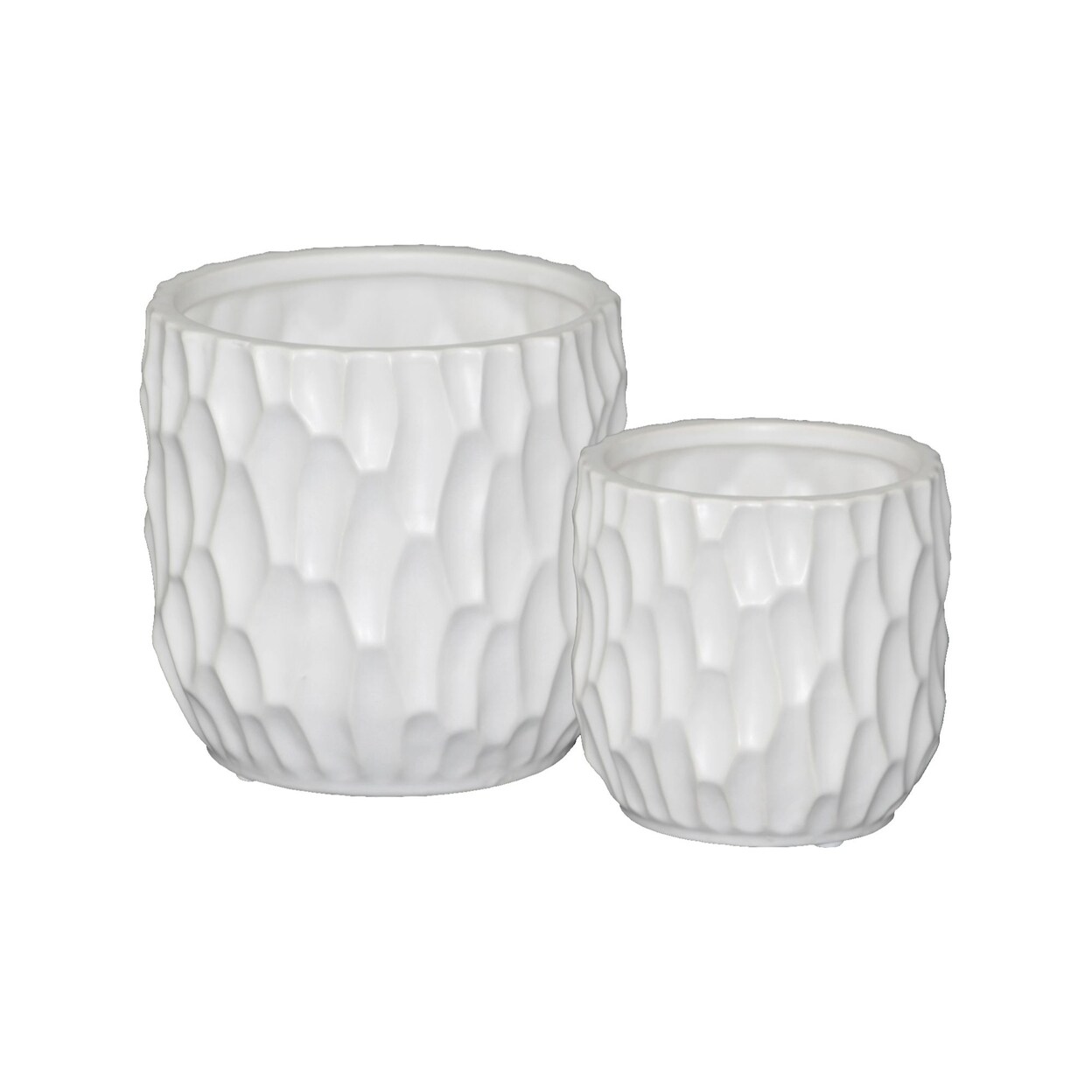 Urban Trends Collection Ceramic Cylindrical Pot with Wide Mouth and Embossed Rectangle Design Body Set of Two Matte Finish White