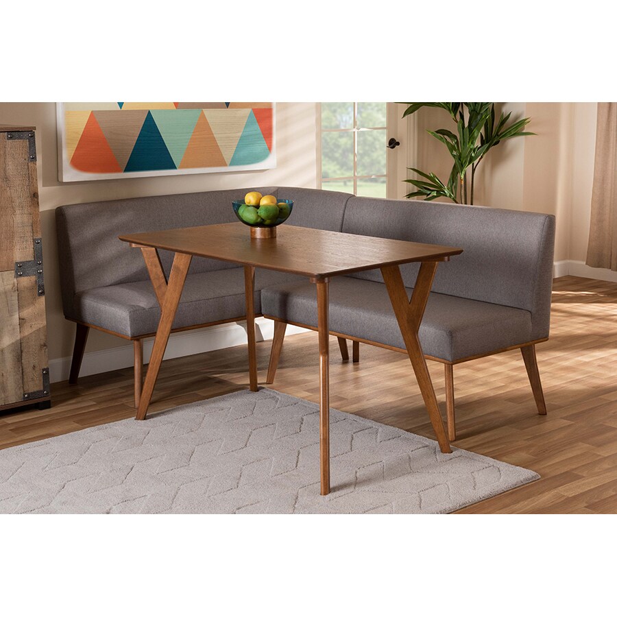 Wholesale Interiors Baxton Studio Odessa Mid-Century Modern Grey Fabric Upholstered and Walnut Brown Finished Wood 3-Piece Dining Nook Set