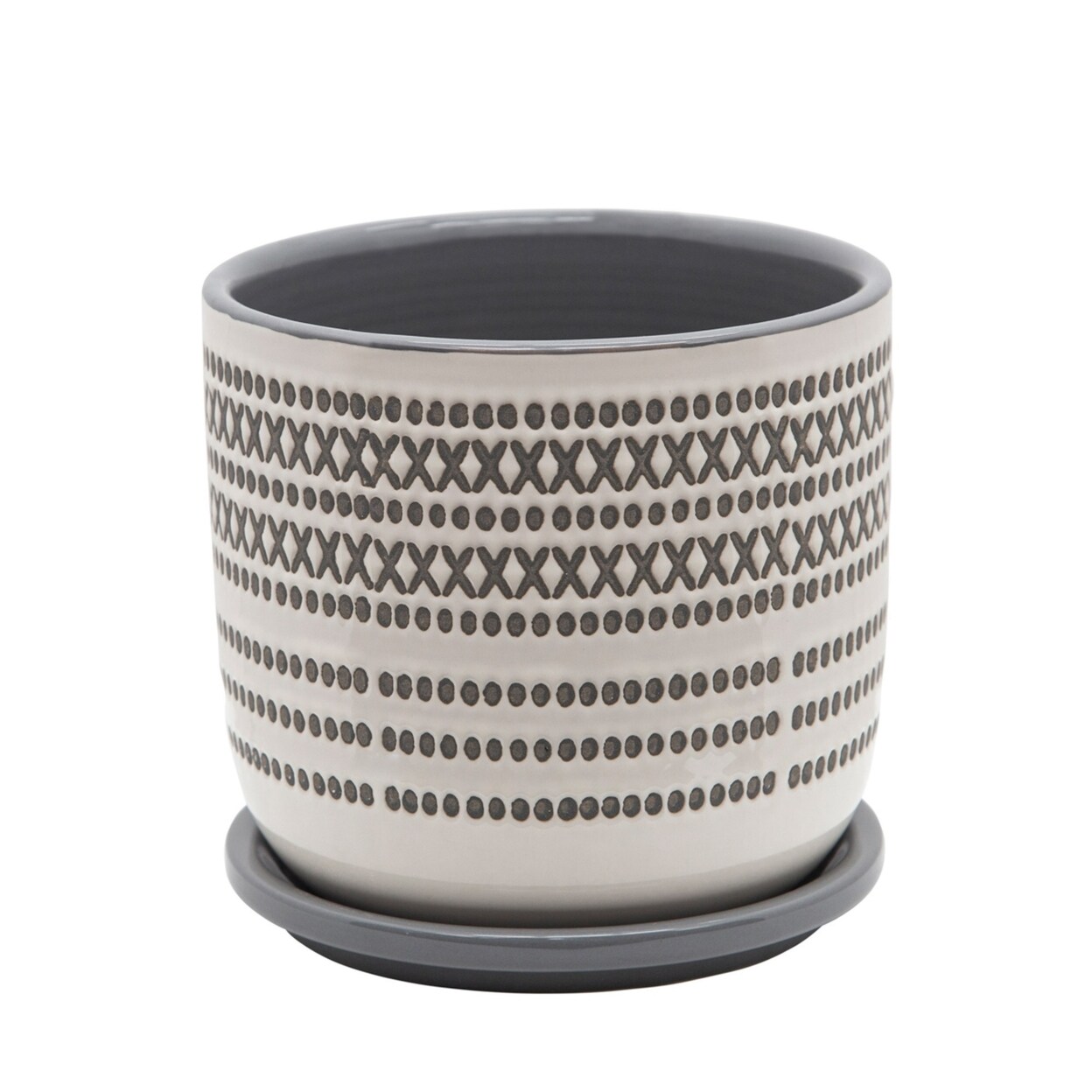 Saltoro Sherpi Ceramic Planter with Engraved Tribal Pattern and Saucer, Gray-