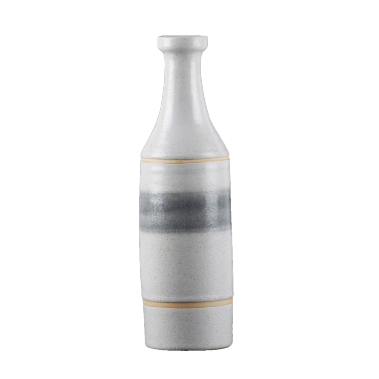 Urban Trends Collection Ceramic Round Bottle Vase with Long Neck, Painted Gray Banded Design Body Small Coated Finish White