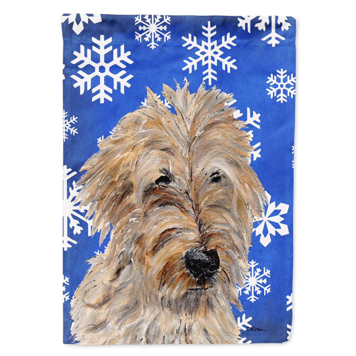Caroline&#x27;s Treasures Golden Doodle 2 Winter Snowflakes Garden Flag