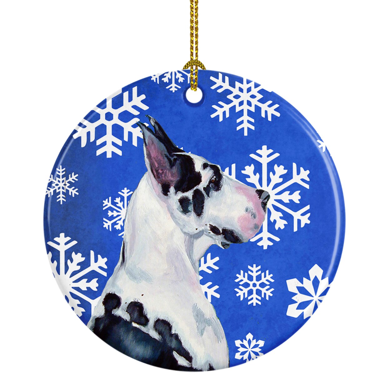 Caroline&#x27;s Treasures   LH9281-CO1 Great Dane Winter Snowflakes Holiday Ceramic Ornament, 3 in, multicolor
