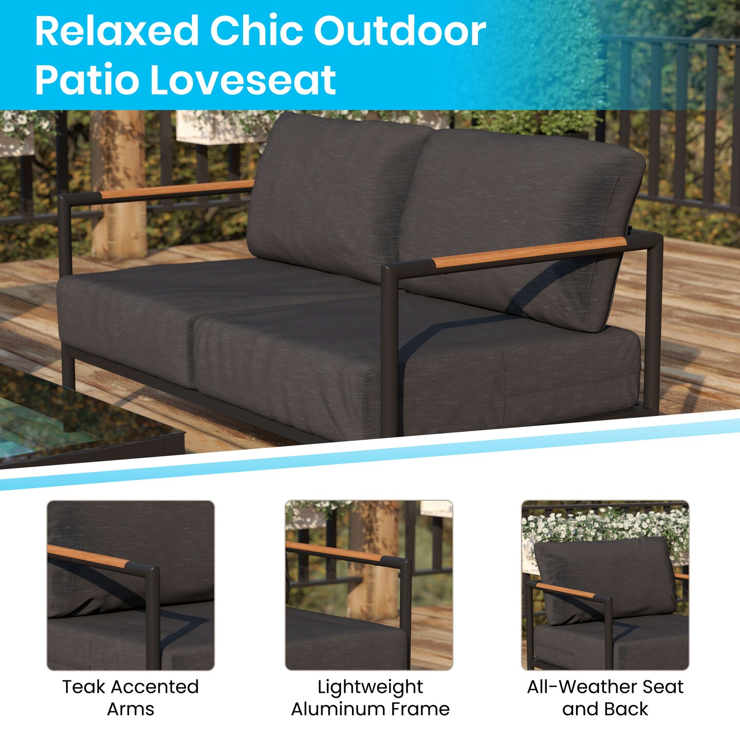 Merrick Lane Eastport Outdoor Loveseat with Removable Plush Fabric Cushions and Teak Accented Aluminum Frame