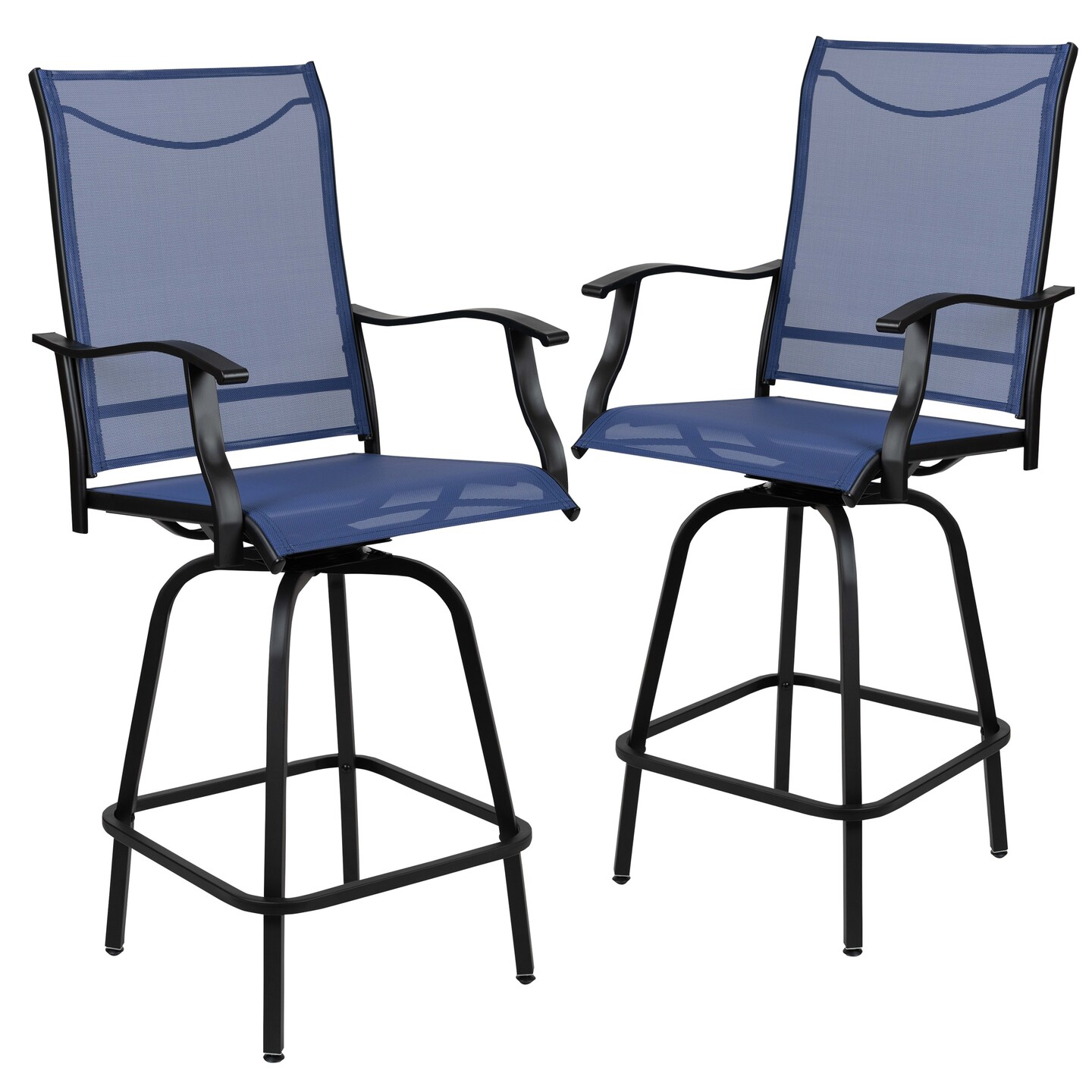 Merrick Lane Set of 2 Brett High Back Bar Height Swivel Patio Stools with Powder Coated Metal Frames and Textilene Upholstery