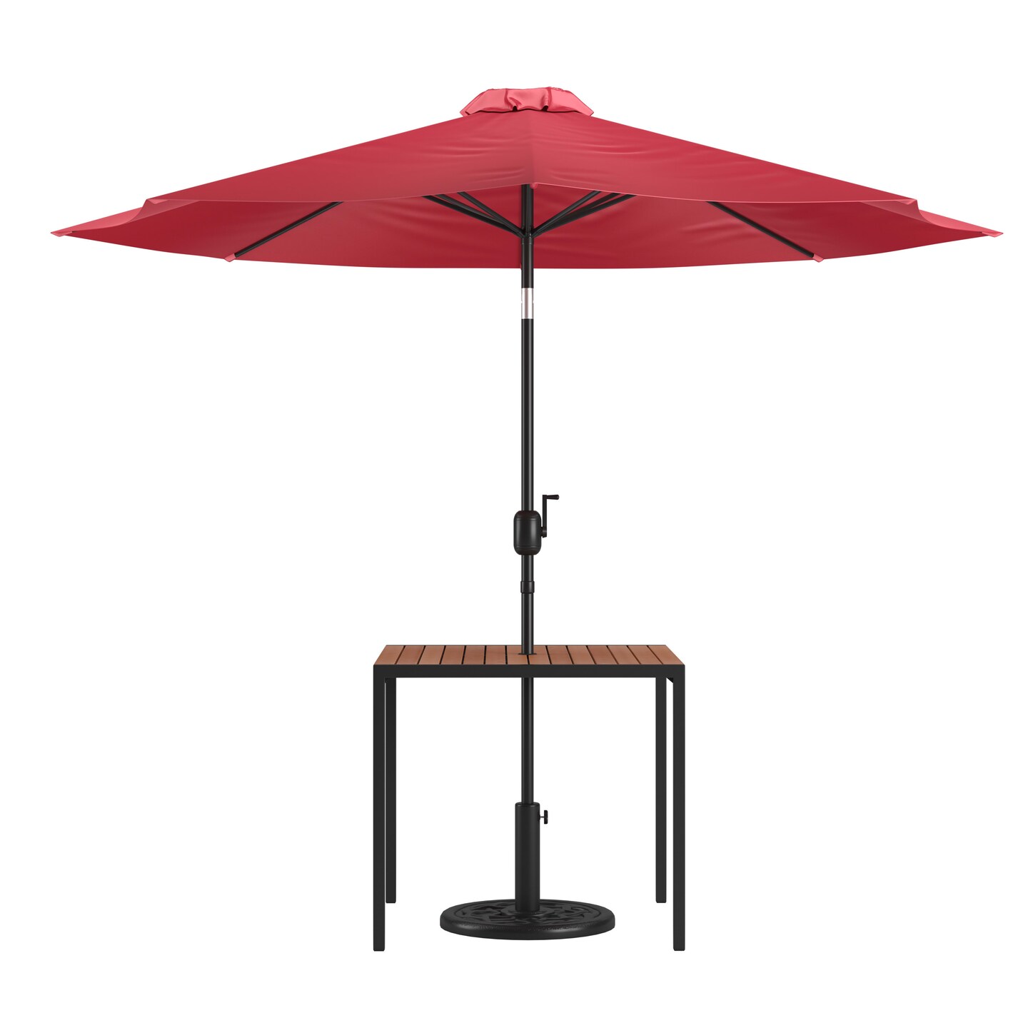 Merrick Lane Square Faux Teak Outdoor Dining Table with Powder Coated Steel Frame, 9&#x27; Adjustable Umbrella and Base