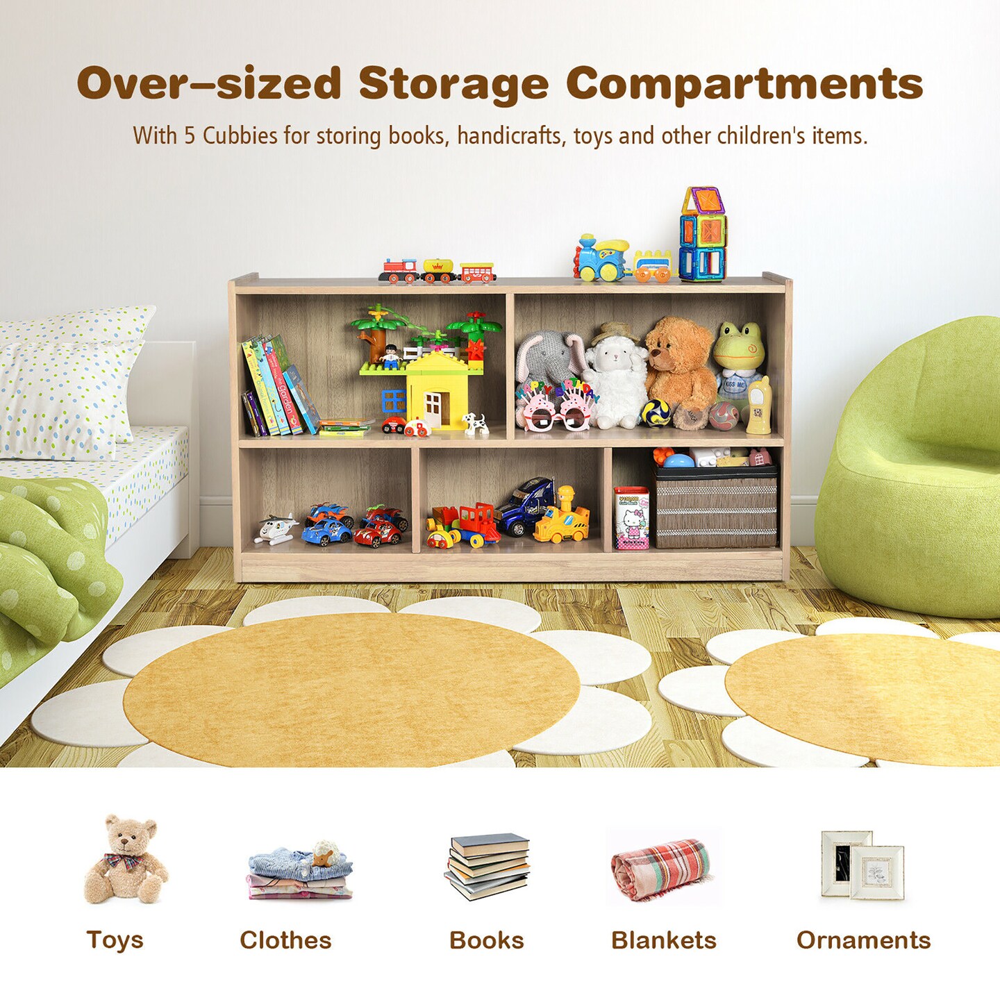 Costway Kids 5-Cube Storage Cabinet 2-Shelf Wood Bookcase Organizer Natural