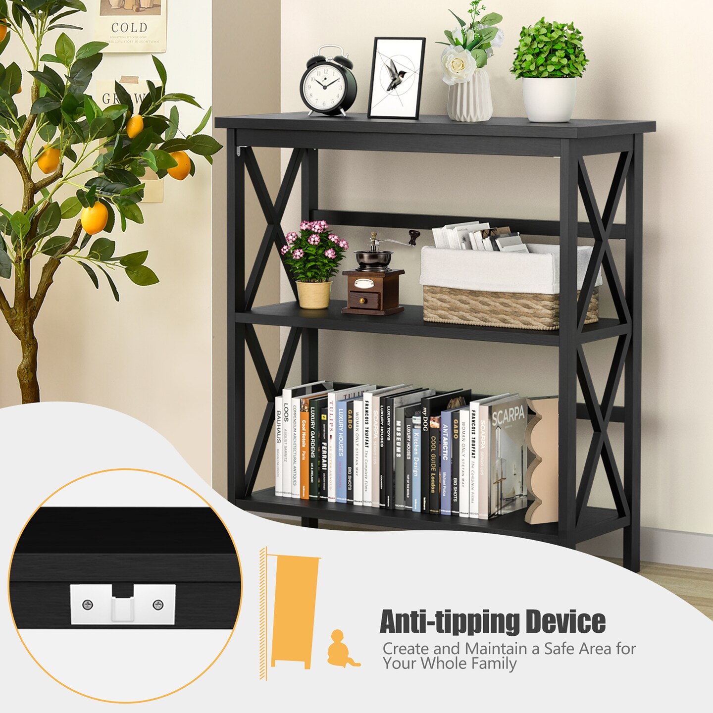 Costway Wooden Shelf Bookcase 3-Tier Open Bookshelf W/X-Design Freestanding Rack BlackBrownNaturalWhite