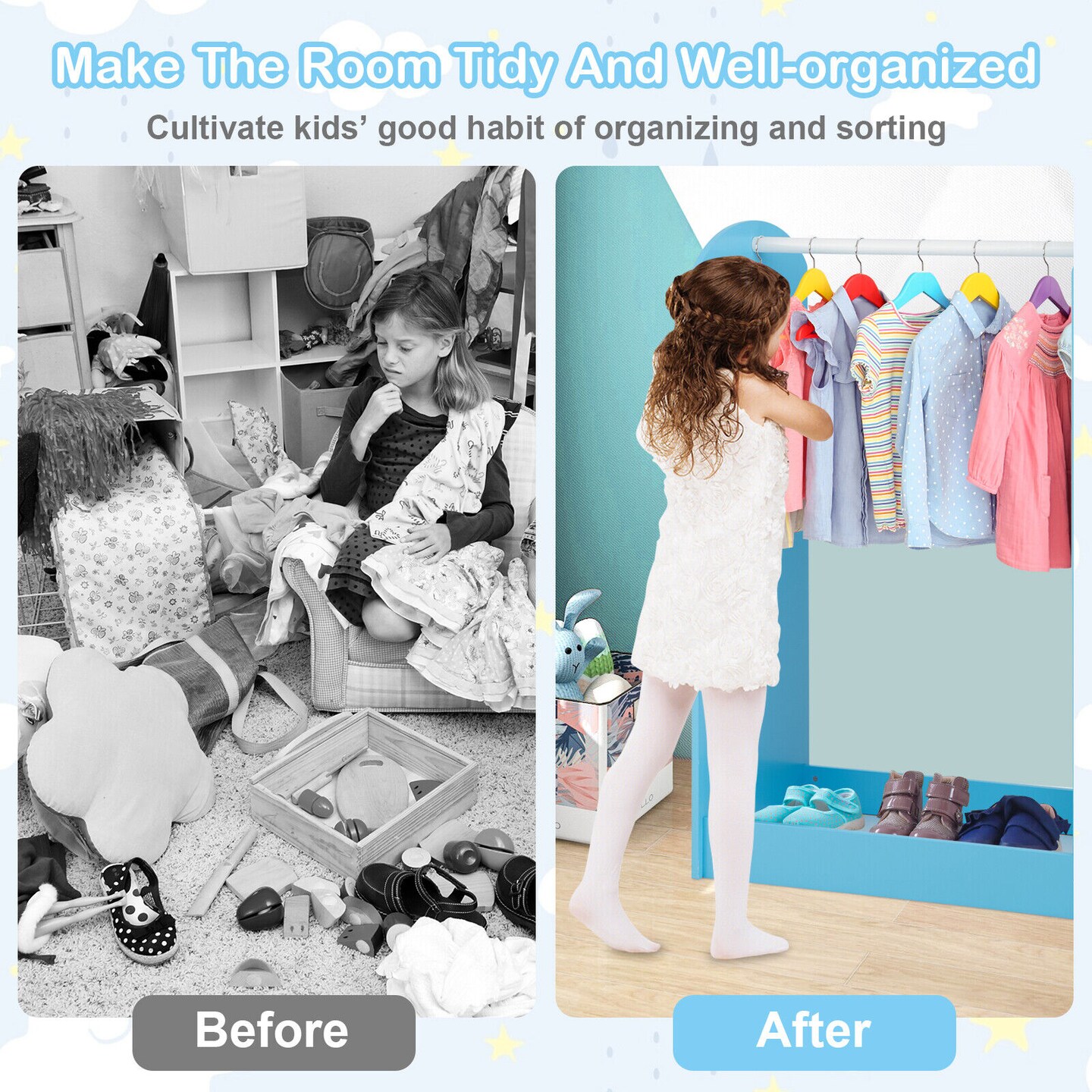 Kids Dress Up Storage Space with 2 Open Shelves and 2 Bottom Storage Layers