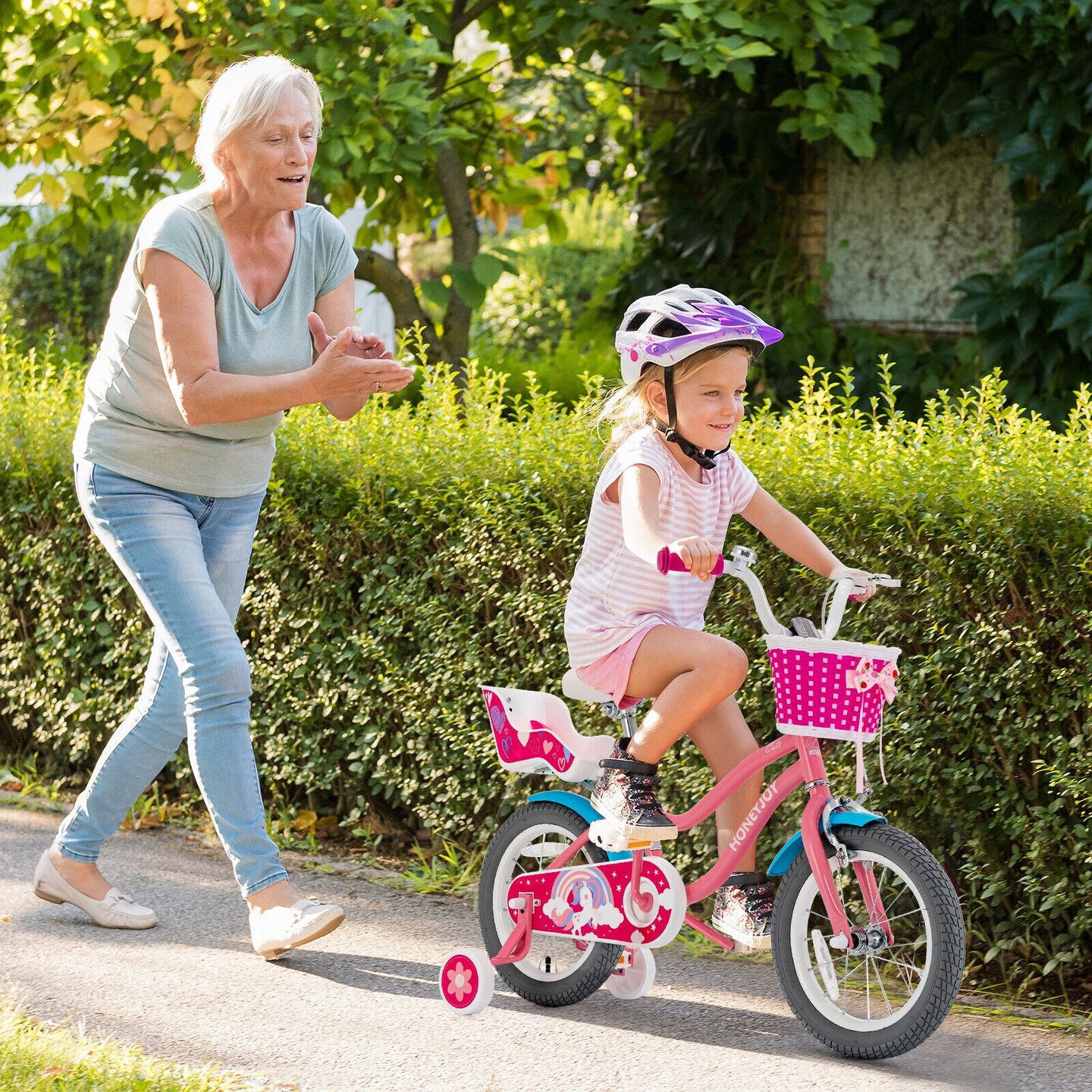 Pink Kids Bicycle with Training Wheels and Beautiful Basket for Girls