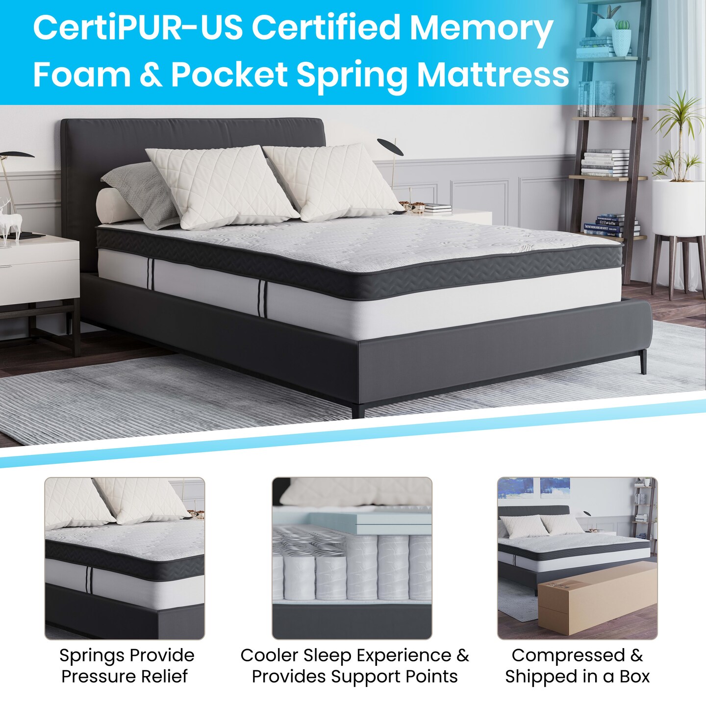Merrick Lane Hulen 12 Inch Hybrid Pocket Spring &#x26; CertiPUR-US Certified Memory Foam Mattress