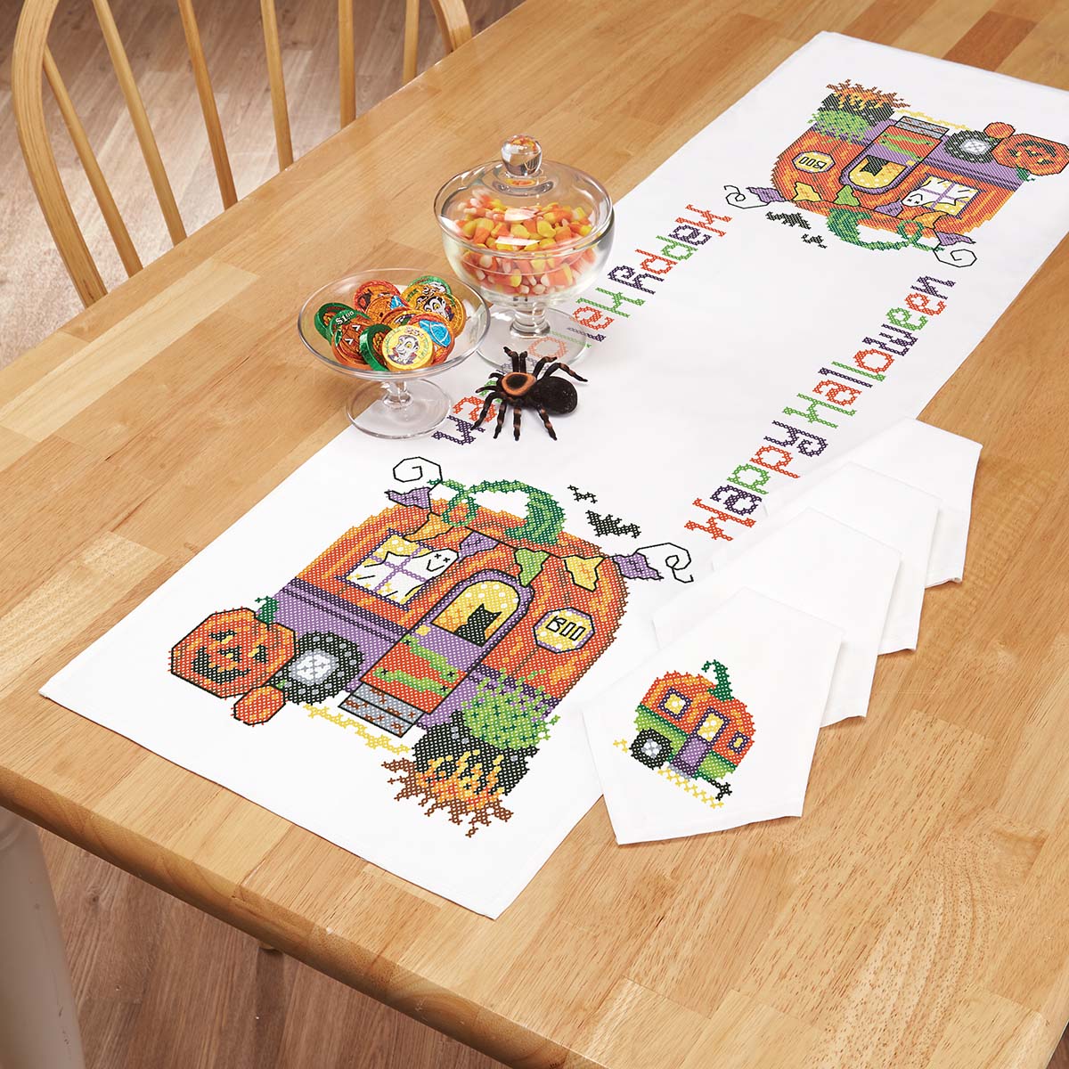 Herrschners  Pumpkin Camper Table Runner &#x26; Napkins Stamped Cross-Stitch