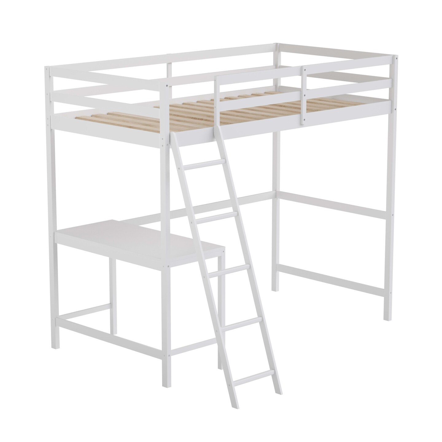 Emma and Oliver Ridley Twin Wood Loft Bed Frame with Protective Guardrails and Integrated Desk and Ladder for Use with Any 6-8" Thick Mattress