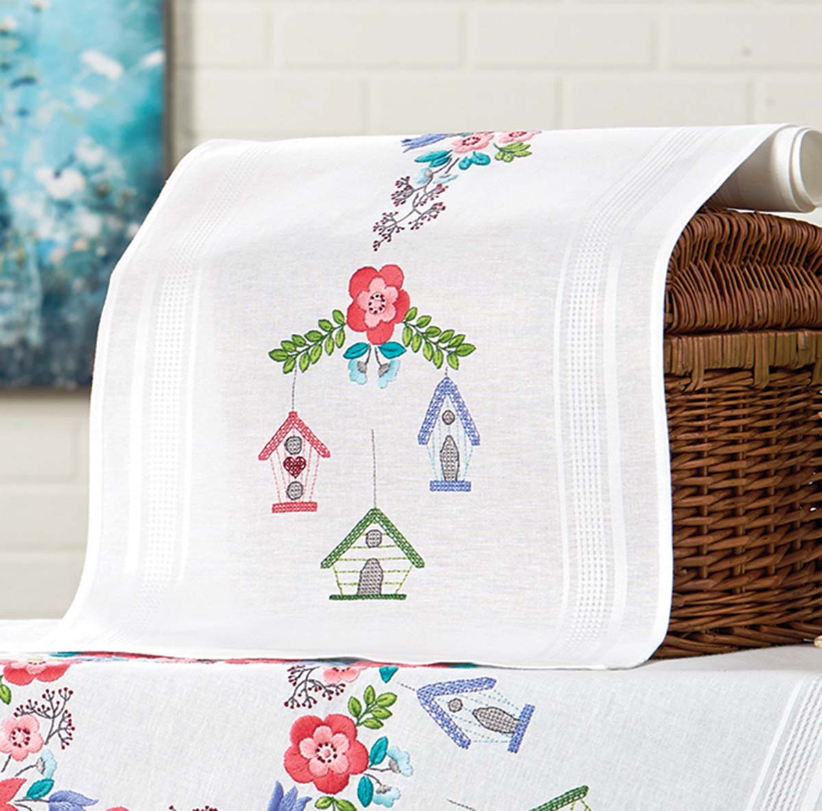 Nob Hill Hanging Birdhouse Table Runner Stamped Embroidery Kit