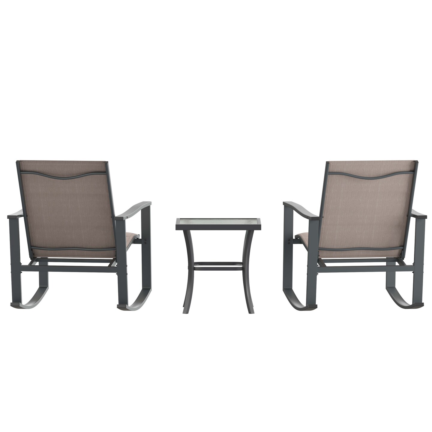 Merrick Lane Brevyn 3 Piece Outdoor Bistro Set with Flex Comfort Rocking Chairs and Steel Framed Glass Top Table