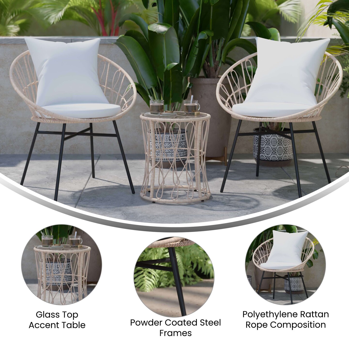 Merrick Lane Alma 3 Piece Patio Set with Rope Rattan Chairs, Matching Glass Top Side Table and Cushions for Indoor/Outdoor Use