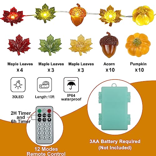 Thanksgiving Lights 10FT 30 LED Fall Lights 3D Pumpkin Maple Leaf Acorn Battery Operated String Lights Halloween Decorations Indoor Fall Decorations for Home Garland Party Autumn