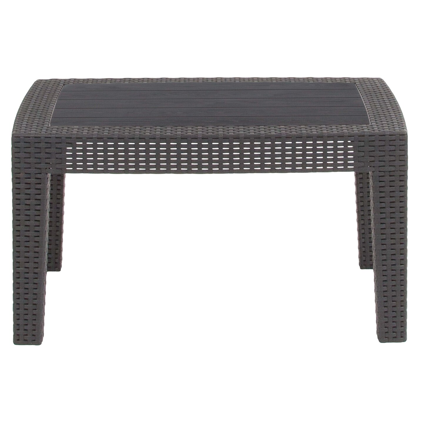 Merrick Lane Malmok Outdoor Coffee Table Faux Rattan Wicker Pattern Resin All-Weather Patio Coffee Table With Wood Plank Top Design