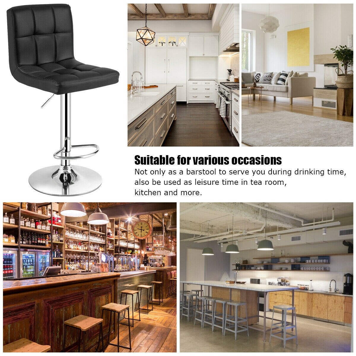 Set of 2 Square Swivel Adjustable PU Leather Bar Stools with Back and Footrest