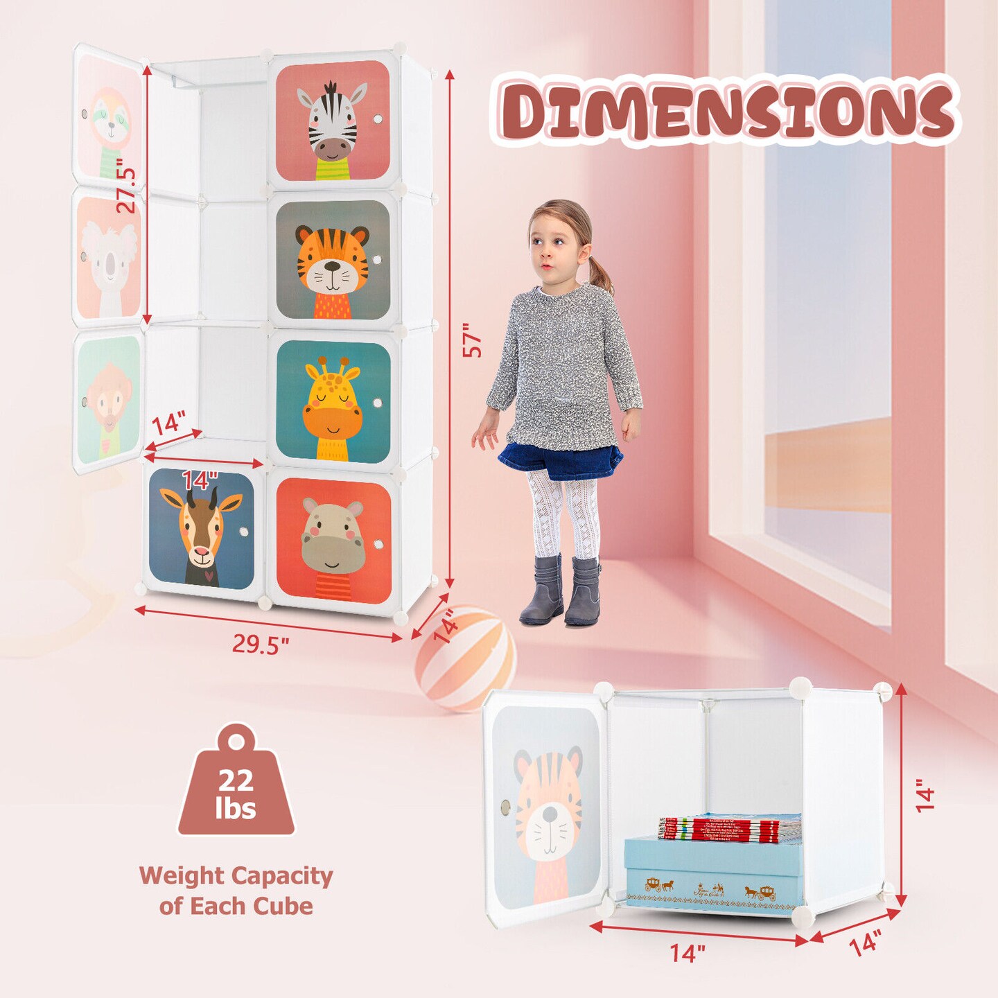 Kids Portable Multi-Cube Closet Storage Cabinet with Cartoon Doors and Sturdy Metal Wires Connections